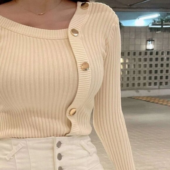 rib knit asymmetrical button detail sweater - Picture 7 of 8